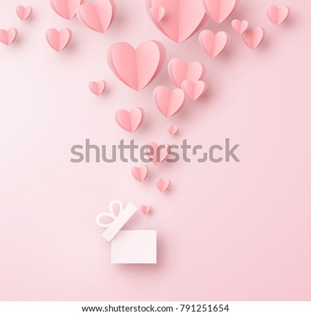 Valentines hearts with gift box postcard. Paper flying elements on pink background. Vector symbols of love in shape of heart for Happy Women's, Mother's, Valentine's Day, birthday greeting card design