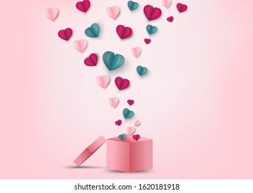 Valentines hearts and gift box.Origami made paper heart flying out off gift box.They are on pink background and copy space.Happy, Mother's Day,card.Vector Valentine's Day and love vector concept.