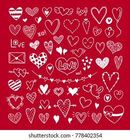 Valentine's hearts hand drawn vector set. Cute love illustrations with different hearts