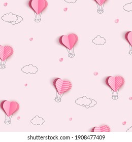 Valentines hearts hot air balloons on pink sky background. Vector love seamless patern for Happy Mother's or Valentine's Day greeting card design.