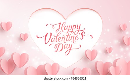 Valentines hearts with lettering postcard. Paper flying elements, glowing lights on pink background. Vector symbols of love in shape of heart for Happy Valentine's Day greeting card design. Valentines hearts with lettering postcard. Paper flying elements, glowing lights on pink background. Vector symbols of love in shape of heart for Happy Valentine's Day greeting card design.