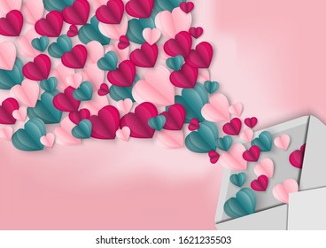 Valentines hearts and letter.Origami made paper heart flying out off letter.They are on pink background Vector Valentine's Day and love vector concept.