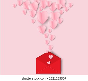 Valentines hearts and letter.Origami made paper heart flying out off letter.They are on pink background . Vector Valentine's Day and love vector concept.