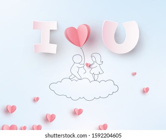 Valentines hearts with man holding balloon and woman. Paper flying elements on blue background. Vector pink symbols of love in shape of heart for Happy  Valentine's Day greeting card design.
