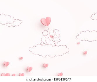 Valentines hearts with man holding balloon and woman. Paper flying elements on sky background. Vector pink symbols of love in shape of heart for Happy  Valentine's Day greeting card design.