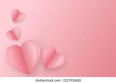 Valentines hearts with man holding balloon. Paper flying elements on pink background postcard.
