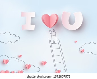 Valentines hearts with man on blue sky background. Vector pink paper flying symbols of love in shape of heart for Happy Valentine's or Mother's Day greeting card design.
