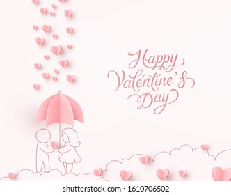 Valentines hearts with man and woman under umbrella. Paper flying elements on pink background. Vector symbols of love in shape of heart for Happy Valentine's Day greeting card design.