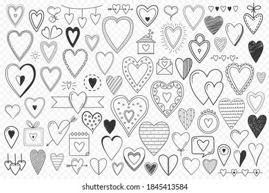 Valentine's hearts and objects collection, set of 70+ hand drawn doodle hearts and other objects for Valentine's day design, wedding, birthday, greeting cards, invitations, vector eps10 illustration