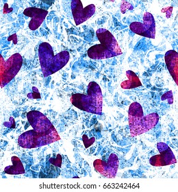 Valentines hearts on background from twisted stripes. Blue and violet colors. Winter motif. Seamless texture for wrapping paper, home decor, fabric, valentines days design, greeting card