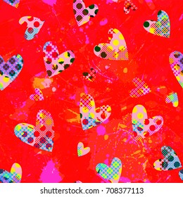 Valentines hearts on grunge red backdrop. Seamless texture. Abstract vector background for web page, banners, fabric, home decor, wrapping 