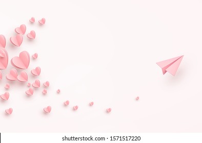 Corazones de San Valentín con postal de avión. Avión volador de papel sobre fondo rosado. Símbolos vectoriales de amor en forma de corazón para Feliz Día de la Mujer, Madre, San Valentín diseño de tarjetas de felicitación