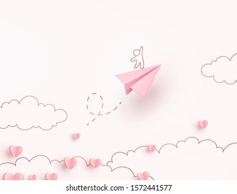 Valentines hearts with plane postcard. Paper flying airplane on pink sky background. Vector symbols of love in shape of heart for Happy Women's, Mother's, Valentine's Day greeting card design