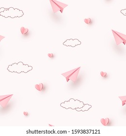 Valentines hearts and planes seamless pattern. Paper flying airplanes on pink sky background. Vector symbols of love in shape of heart for Happy Mother's, Valentine's Day greeting card design.
