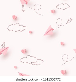 Valentines hearts and planes seamless pattern. Paper flying airplanes on pink background. Vector symbols of love in shape of heart for Happy Mother's, Valentine's Day greeting card design.