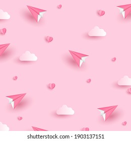 Valentines hearts and planes seamless pattern. Paper flying airplanes on pink sky background. Vector symbols of love in shape of heart. Paper style. Valentine's Day greeting card design.