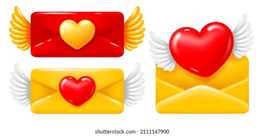 San Valentín con corazones. Sobres postales, abiertos, cerrados y con alas, de estilo 3d minimalista. Icono de correo brillante y convexo brillante brillante brillante aislado en fondo blanco. Ilustración vectorial.