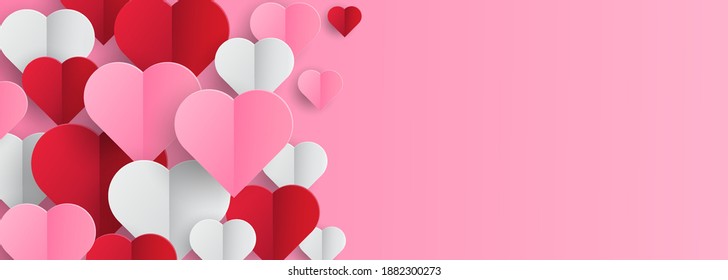 Valentines hearts postcard. Paper flying elements on pink background. Vector symbols of love in shape of heart for Happy Women's, Mother's, Valentine's Day, birthday greeting card design.
