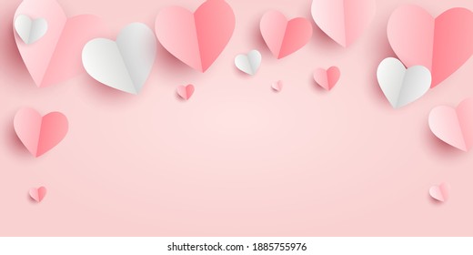 Valentines hearts postcard. Paper flying elements on pink  background. Vector symbols of love in shape of heart for Happy Women's, Mother's, Valentine's Day, birthday greeting card design. PNG

