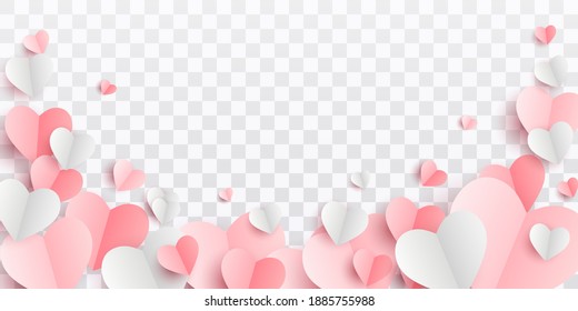 Valentines hearts postcard. Paper flying elements on transparent  background. Vector symbols of love in shape of heart for Happy Women's, Mother's, Valentine's Day, birthday greeting card design. PNG

