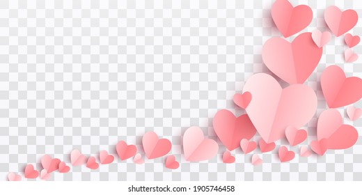 postal de corazones de San Valentín. Elementos volantes de papel sobre fondo transparente. Símbolos vectoriales del amor en forma de corazón para feliz mujer, madre, día de San Valentín, diseño de tarjetas de felicitación de cumpleaños. PNG .