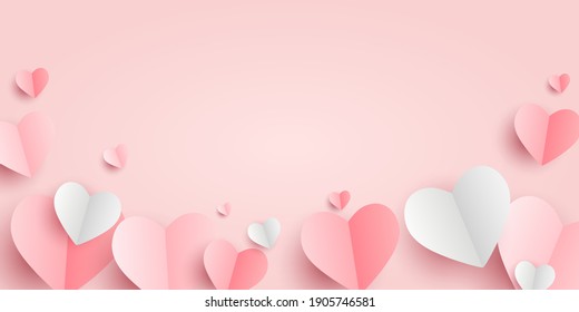 Valentines hearts postcard. Paper flying elements on transparent background. Vector symbols of love in shape of heart for Happy Women's, Mother's, Valentine's Day, birthday greeting card design. PNG .