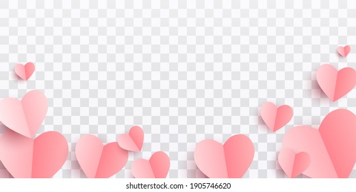 Valentines hearts postcard. Paper flying elements on transparent background. Vector symbols of love in shape of heart for Happy Women's, Mother's, Valentine's Day, birthday greeting card design. PNG .