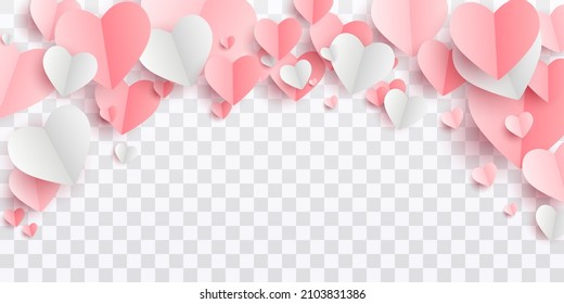 Valentines hearts postcard. Paper flying elements on transparent background. Vector symbols of love in shape of heart for Happy Women's, Mother's, Valentine's Day, birthday greeting card design. PNG	