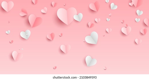 Valentines hearts postcard. Paper flying elements on pink background. Vector symbols of love in shape of heart for Happy Women's, Mother's, Valentine's Day, birthday greeting card design. PNG	