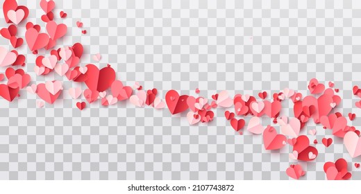 Valentines hearts postcard. Paper flying elements on transparent background. Vector symbols of love in shape of heart for Happy Women's, Mother's, Valentine's Day, birthday greeting card design. PNG	