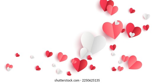 Valentines hearts postcard. Paper flying elements on transparent background. Vector symbols of love in shape of heart for Happy Women's, Mother's, Valentine's Day, birthday greeting card design. PNG	