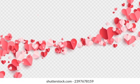 Valentines hearts postcard. Paper flying elements on transparent background. Vector symbols of love in shape of heart for Happy Women's, Mother's, Valentine's Day, birthday greeting card design. PNG	