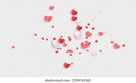 Valentines hearts postcard. Paper flying elements on transparent background. Vector symbols of love in shape of heart for Happy Women's, Mother's, Valentine's Day, birthday greeting card design. PNG	