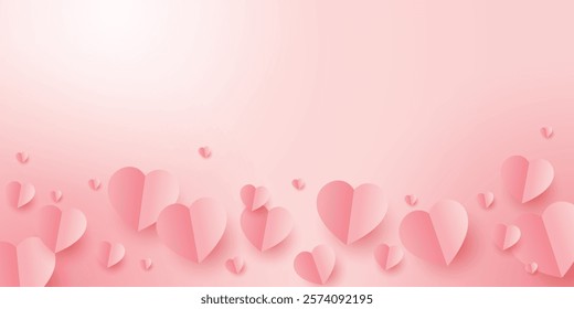 Valentines hearts postcard. Paper flying elements on pink background. Vector symbols of love in shape of heart for Happy Women's, Mother's, Valentine's Day, birthday design