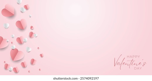 Valentines hearts postcard. Paper flying elements on pink background. Vector symbols of love in shape of heart for Valentine's Day, birthday greeting card design. JPG stock illustration