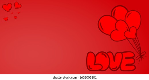 Valentines hearts postcard with text Love. Flying balloons  on red background. Vector symbols of love in shape of heart for Mother's, Valentine's Day, greeting card design. Love Balloons background