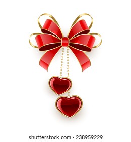 Valentines hearts and red bow isolated on white background, illustration. 