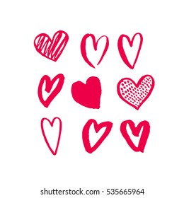 Valentines Hearts. Saint Valentine Day Red Heart Pattern For Greeting Card Design. 14 February Love Day Sketch Art. Pink Marker Or Felt-tip Pen Hand Drawn Drawing