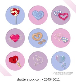 Valentine's hearts set. Hearts icons. Valentine's Day card with hearts, candies and bubbles. Scrapbook elements for Valentine's Day. Scrapbooking hearts. Vector illustration EPS10.