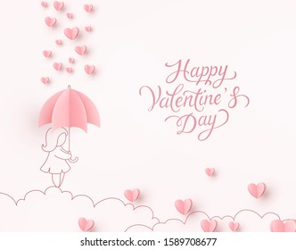 Valentines hearts with woman holding umbrella. Paper flying elements on pink background. Vector symbols of love in shape of heart for Happy Valentine's Day greeting card design.