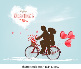 Valentine's Holiday Day background with a Heart Shape Cloud and a Bicycle with Couple in Love. Vector.