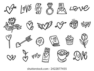 Valentine's holiday elements set. Line art style black color vector clipart icons.