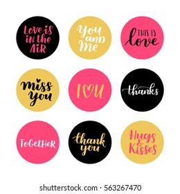 Valentines holiday vector set - pink, black and gold design elements and hand written lettering for your design. Romantic sticker collection with love quotes.