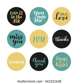Valentines holiday vector set - turquoise, black and gold design elements and hand written lettering for your design. Romantic sticker collection with love quotes.