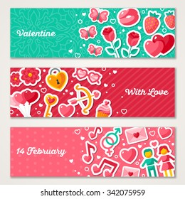 Valentines Horizontal Banners Set With Flat Icons. Vector illustration.  Love concept stickers. Party Invitation Design. 