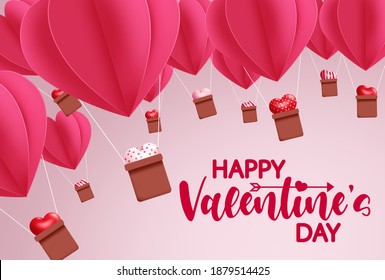 Valentines hot air balloon vector background design. Happy valentine's day greeting text with hot air balloons with heart element floating for valentine's day decoration design. Vector illustration 