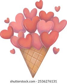 Valentines Ice Cream Cone with Hearts Romantic Illustration