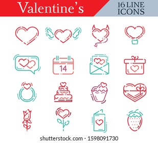 valentines icon set. 16 line red love icons