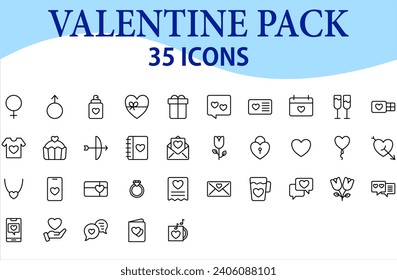 Valentines icon set. Containing heart, gift, love letter, couple, cupid, passion, valentine, online dating icons. Outline icon collection
