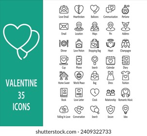 Valentines icon set. Containing love email, dinner, love potion, heart, champagne, diary, home sweet, dress, relationship, falling in love, and romantic music. outline syle collection